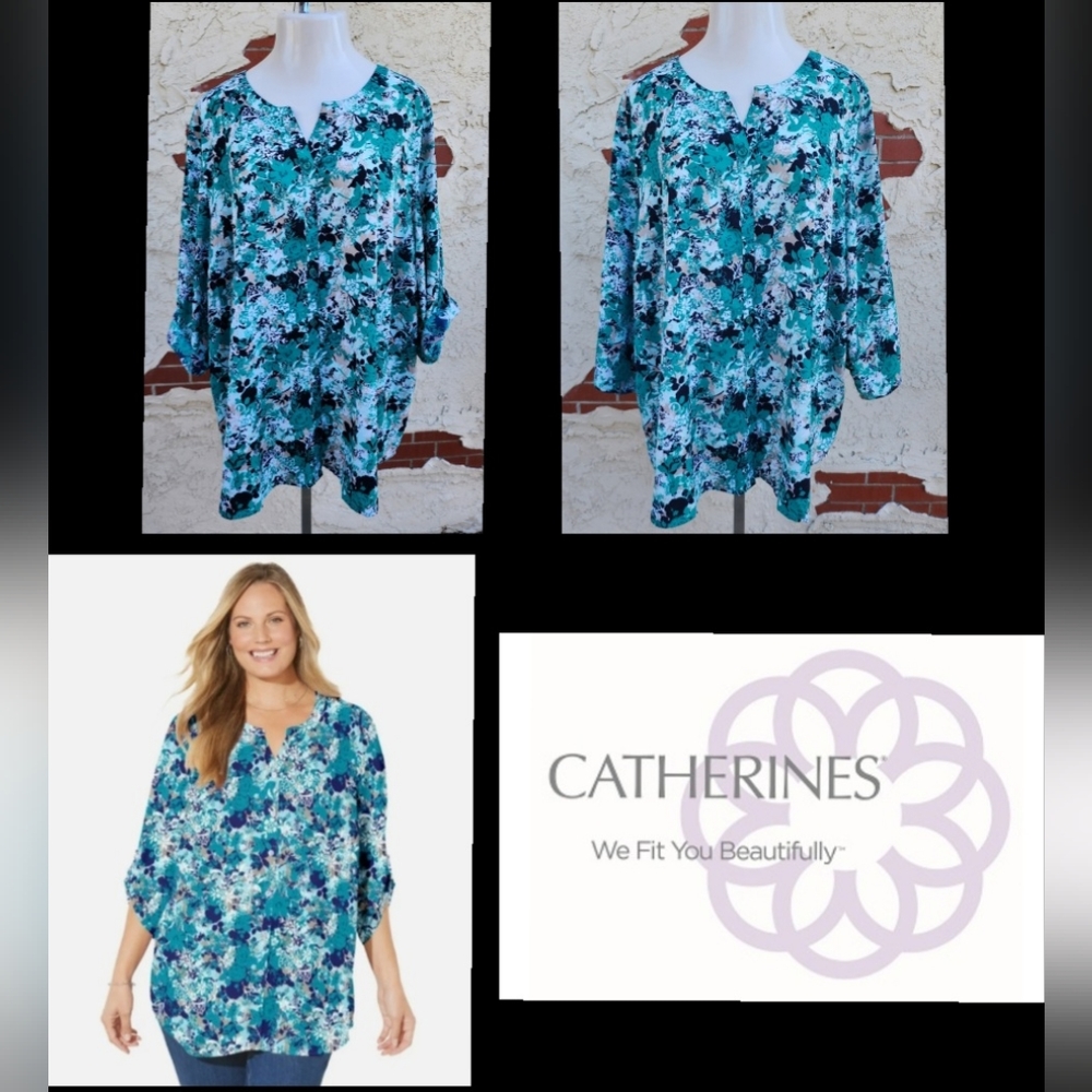 3X women CATHERINES button blouse roll tab 3/4 sleeves teal floral split v-neck